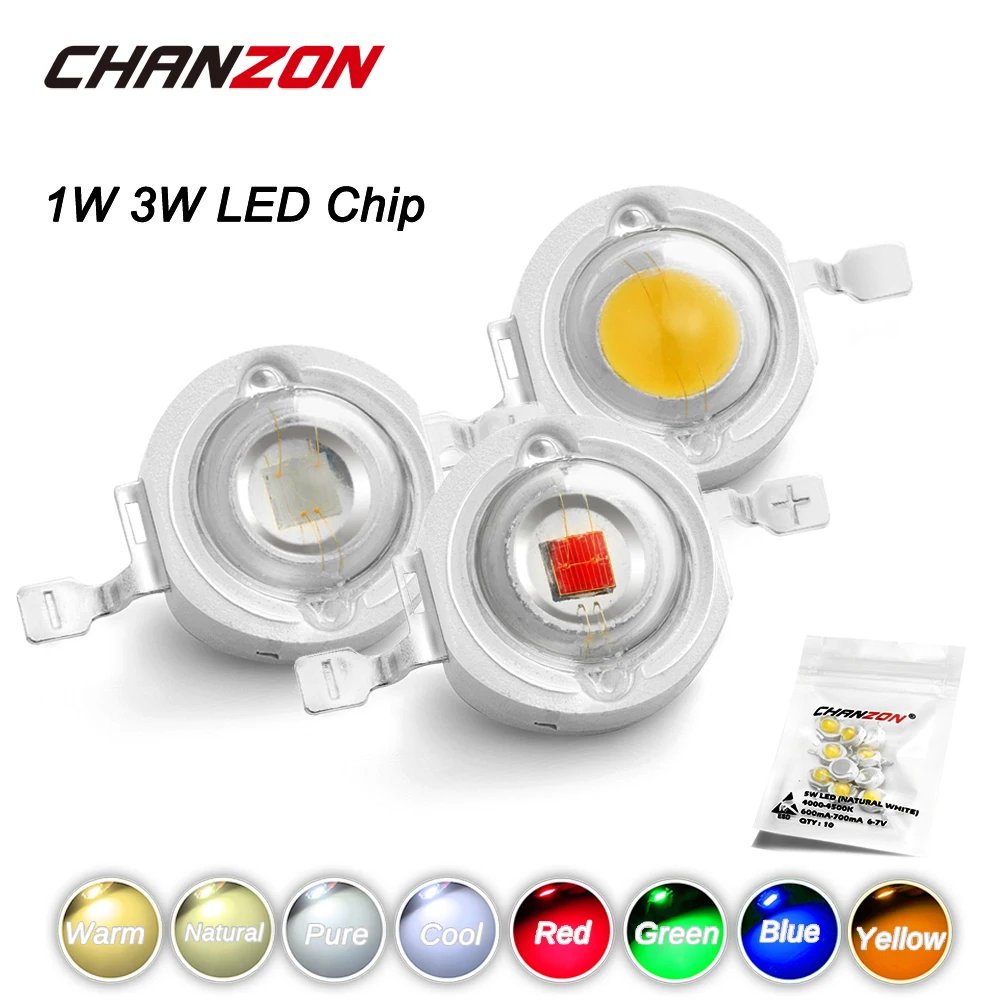 CHANZON 10 unids/lote Chip LED de alta potencia 1W 3W cálido Natural frío blanco rojo verde azul amarillo 1 3 W vatios para bombilla de foco DIY