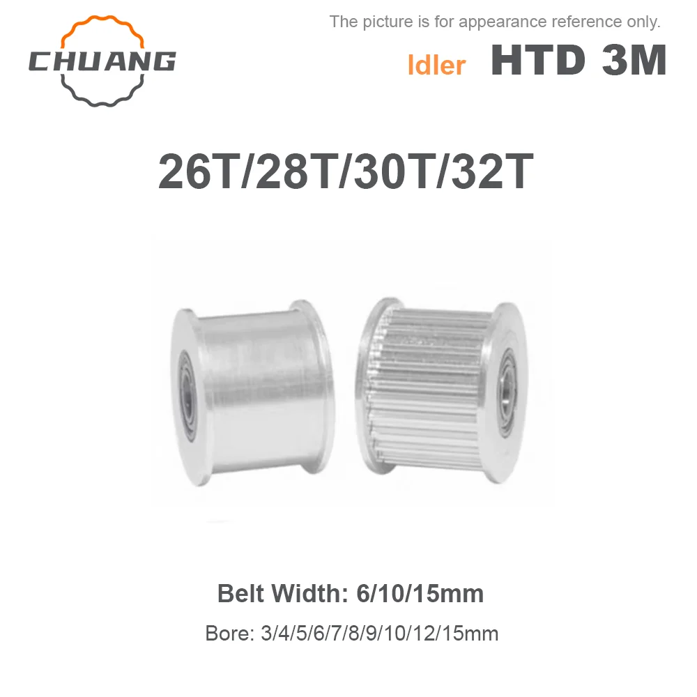 Idler HTD 3M  26T/28T/30T/32Teeth Pulley Tensioner Bore 3-15mm Fit Belt Width 6/10/15mm 3M Bearing Guide Synchronous Wheel