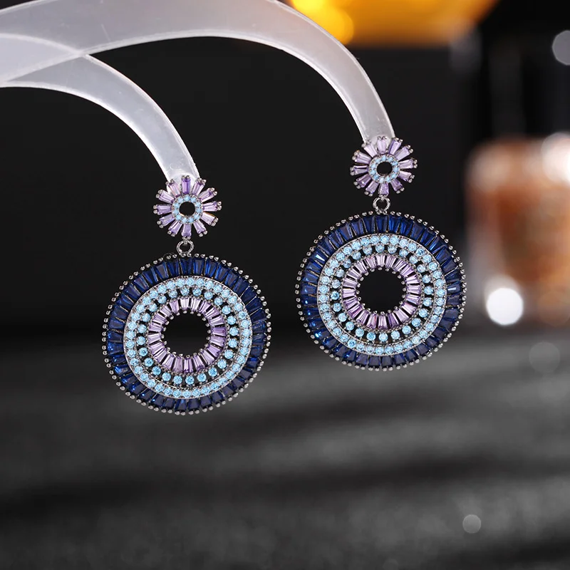 Spring and summer new sweet exaggerated earrings for women retro blue heavy industry gradient pink zircon rainbow hoop earrings