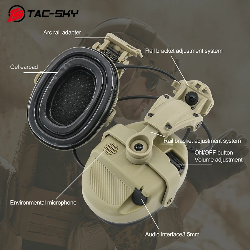 TS TAC-SKY Tactical Headphones with ARC Adapter Stand Shooting Headset Active Noise Cancelling Hunting Earmuffs for Airsoft Spor