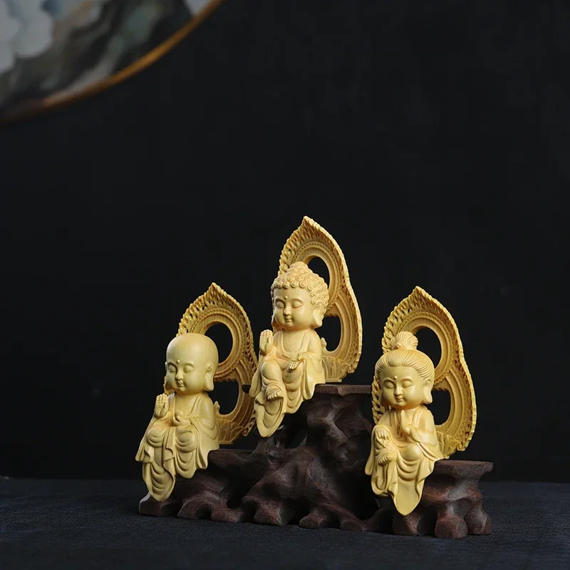 Самшит 10 см, три мультяшные скульптуры Будды, китайская мифология, фигурка Гуаньинь, резьба по дереву, статус, Декор Шакьямуни Кsitigarbha