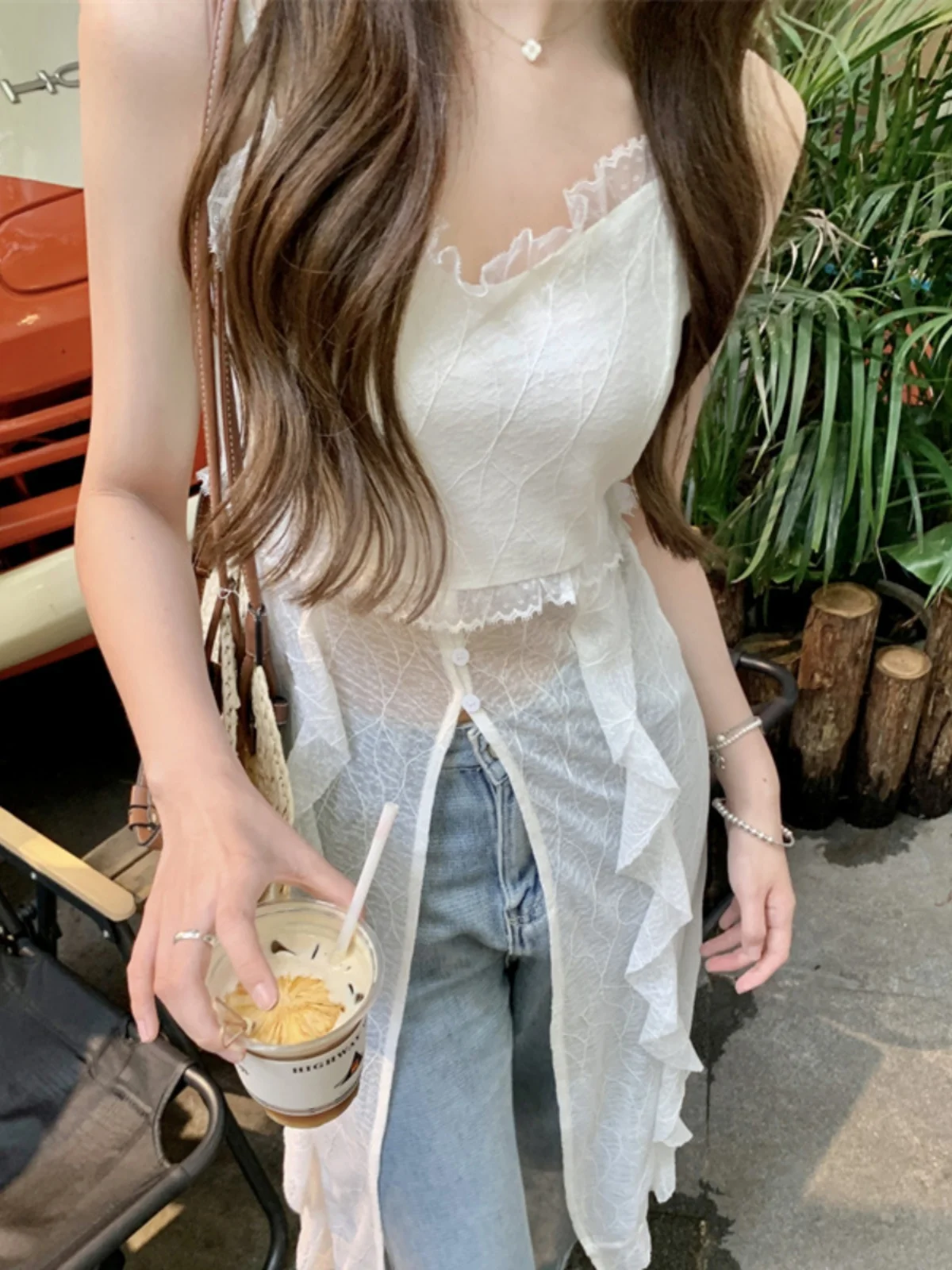 Elegant Long Lace Halter Neck Women's Slim Fit Pure Desire Top Splice Wood Ear Design Sensual Commute Style Summer Fashion