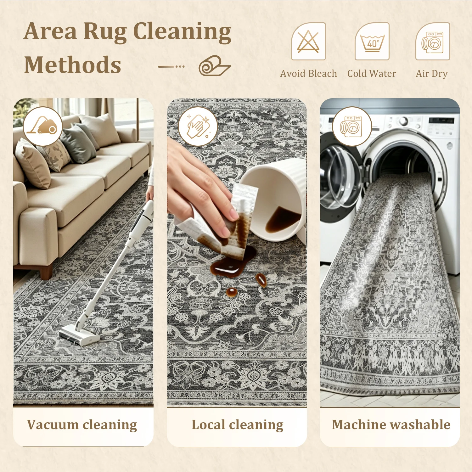 Large Indoor Area Rug, Soft Velvet Low Pile with Non-slip Dotted Backing, Machine Washable Vintage Distressed Gray Oriental Medallion Rug for Living Room and Bedroom - view 8