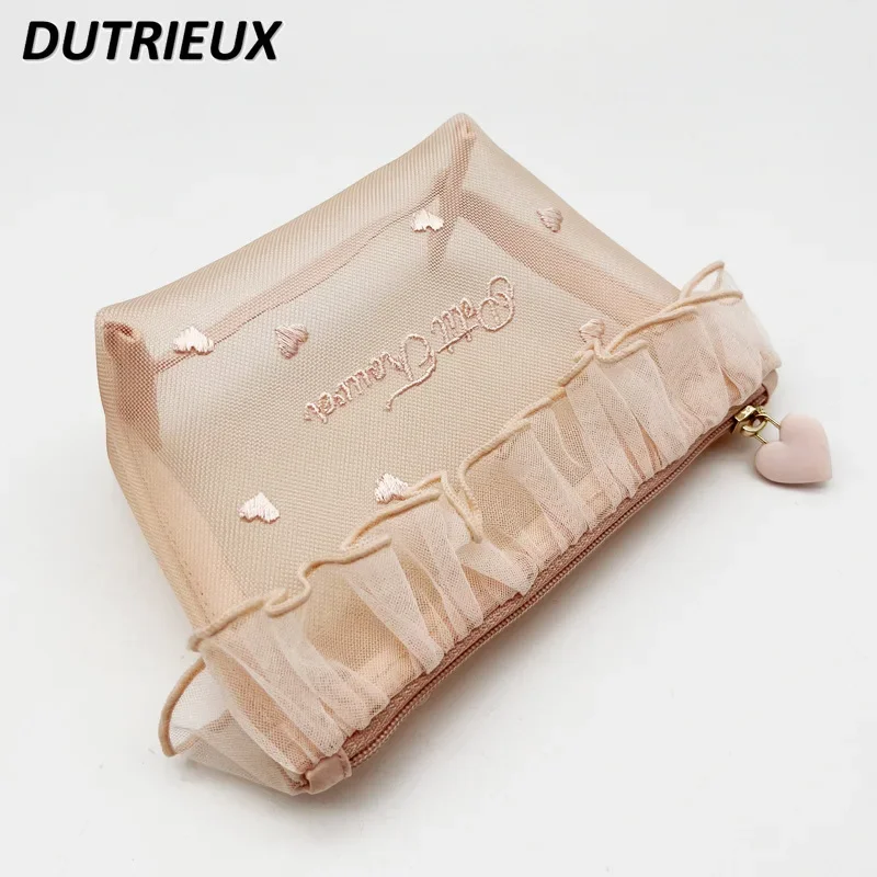 Fashion Mesh Lovely Embroidered Lace Portable Cosmetic Bag for Women Elegant Makeup Cases Sweet Cute Storage Bags Female