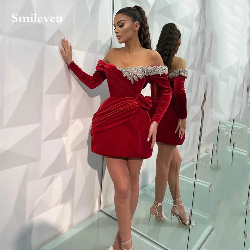 Smileven Burgundy Velvet Short Evening Dresses Beading Long Sleeve Mini Saudi Arabia Robe De Soirée Party Prom Dress Customized
