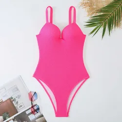 Bañador de realce de una pieza para mujer, traje de baño liso, ropa de playa para verano, 2023