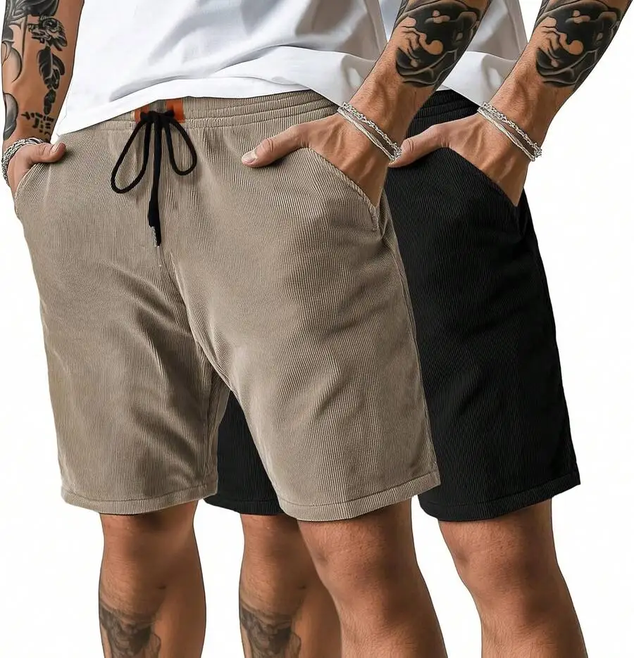 

Mens Casual Corduroy Shorts 5 Inch Drawstring Elastic Waist Summer Lightweight Beach Shorts With Pockets