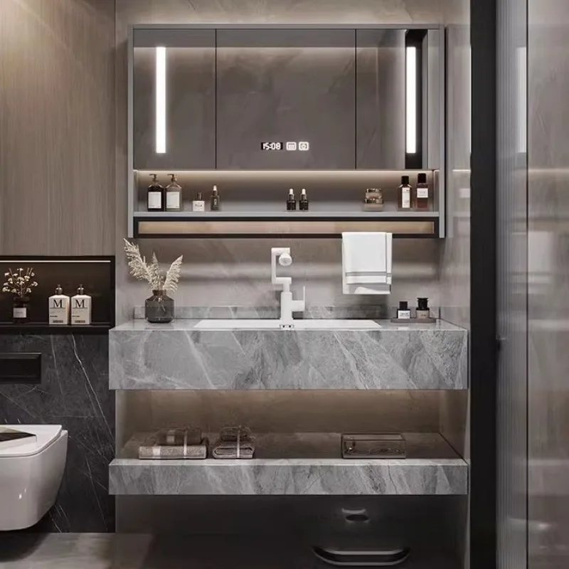 

Современный простой гостиничный зеркальный умный умывальник с двойным слоем, LED-подсветкой, сенсорным управлением и бесшовной интеграцией с раковиной