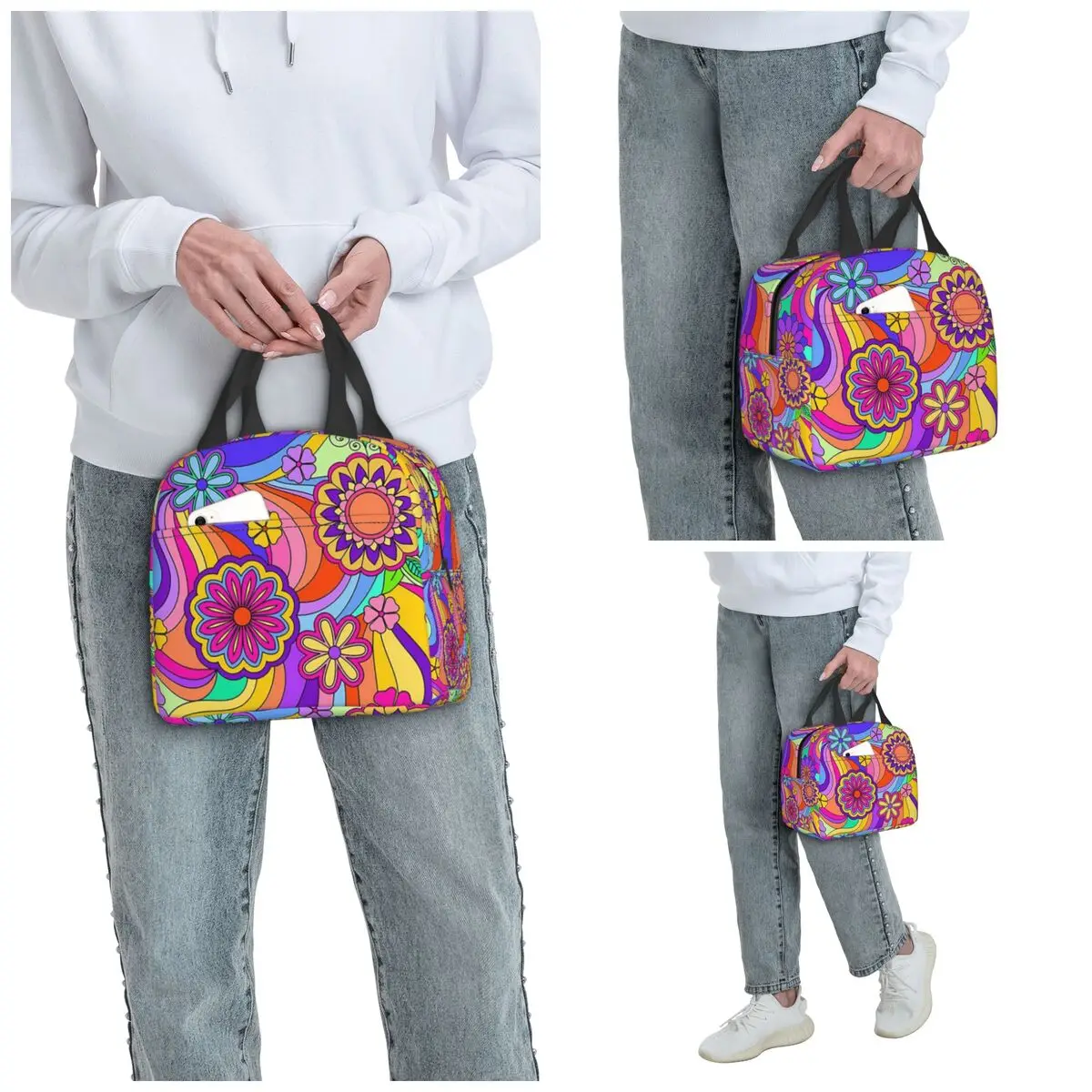 Hippie Colorful Flower Insulated Lunch Bag for Kids School Cooler Thermal Food Box Tote Portable Lunch Boxes Container