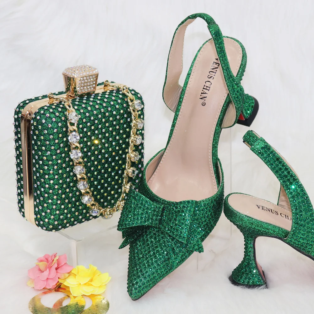 Venus Chan Gold 2024 Heels for Women Pointed Toe With Bows Gold Color Rhinestone  Elegant Party Wedding Shoe and Bag Set