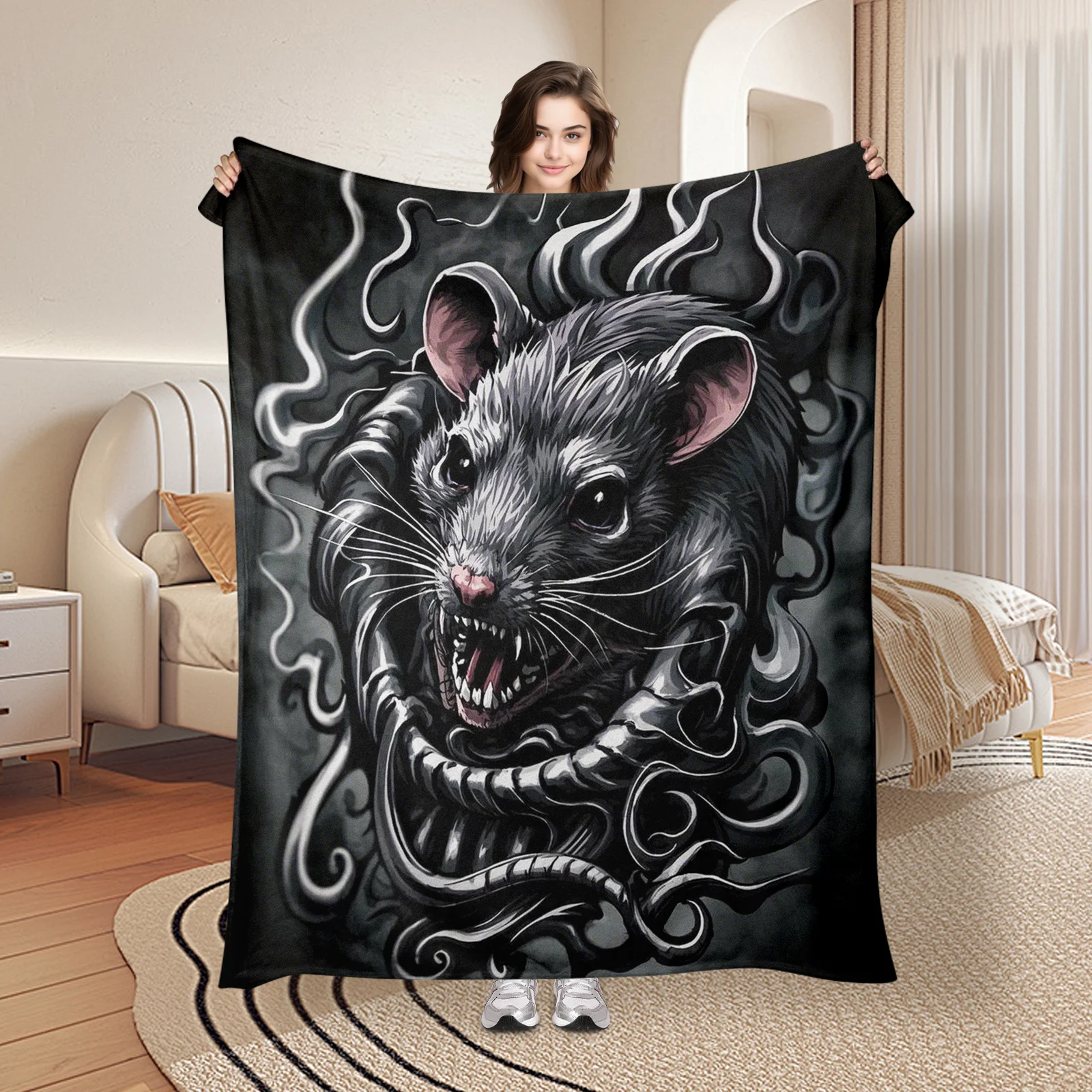 Dark Mouse With Flames And Smoke Blanket For Intense Themed Home Decor And Dramatic Style Statement Aesthetic Enhancement