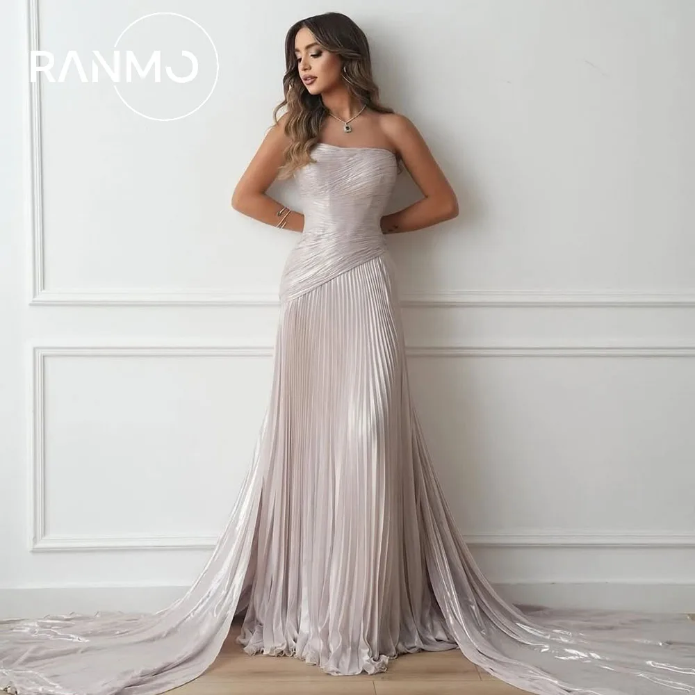 Suknia wieczorowa Ranmo Customized 2026 Champagne Shinning, fason A-line, plisowana, bez ramiączek, suknia balowa Dubai dla kobiet, sukienka na formalne przyjęcie.