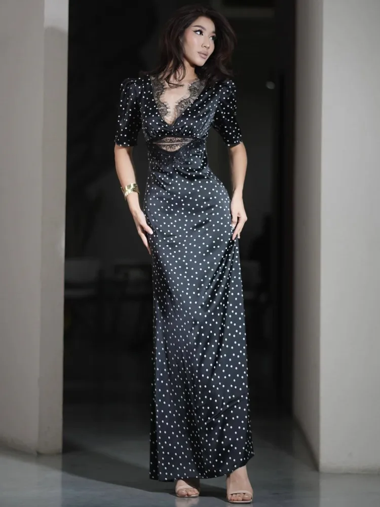 القطب الشمالي القط أنيقة الساتان الدانتيل المرقعة الجوف خارج فستان المرأة مثير شير سبليت نادي الحفلات مساء فستان الخريف الشتاء Vestidos #4