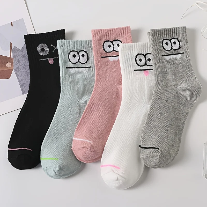 5 Pairs Women\'s Cute Expression Printed Ankle Socks Comfort Interesting Spring Autumn Medium Tube Sock Kawaii Girls\' Short Socks