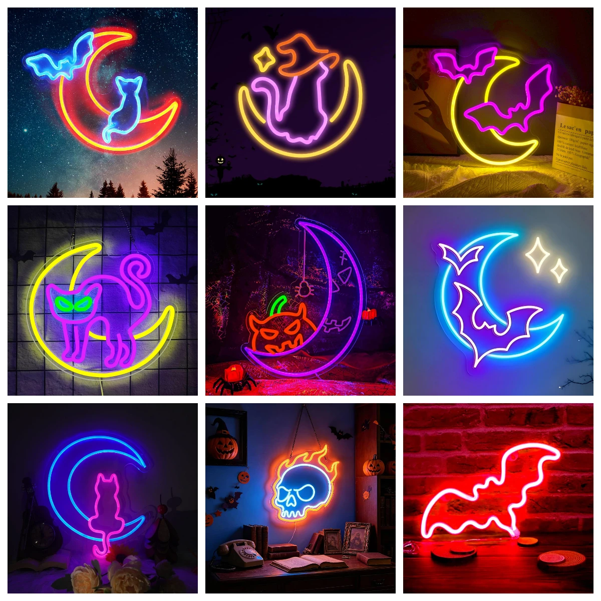 Halloween Moon Black Cat Bat LED Neon Sign USB Powered Neon Light Spooky Home Party Window Gaming Room Bedroom Decor Gift
