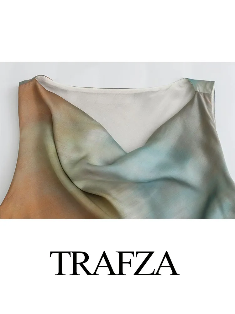 TRAFZA Women Fashion Satin Tie Dye Sleeveless Slim Midi Dress Woman Summer Folds Side Zipper Design Party Evening Dresses Mujer