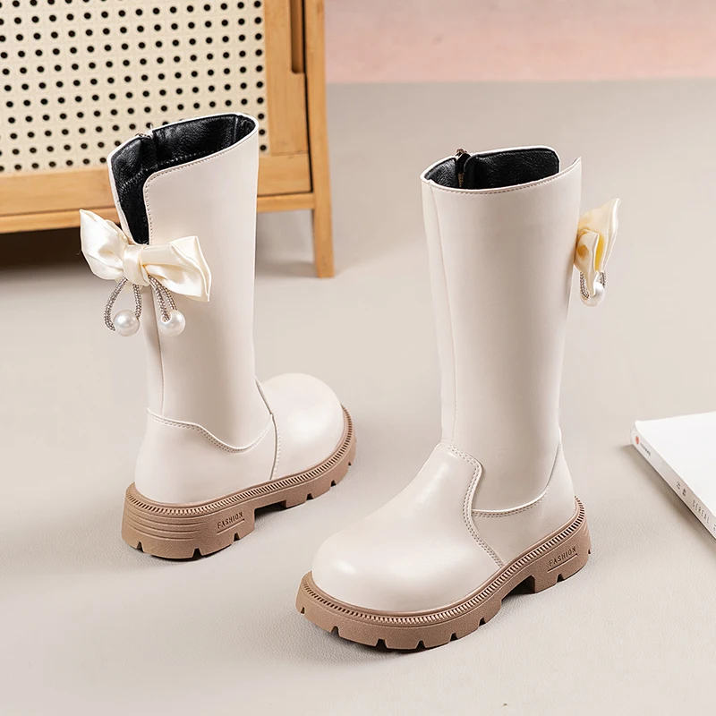 Mumoresip Kids Winter Plush Boots Princess Bow Pearl Decor Girls Outdoor Long Boots Thick Soled Fashion Children Warm High Boots