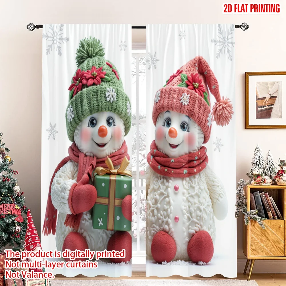 

2pcs 2D flat printing Merry Christmas Popular Curtains Festive Snowman Couple Gift Polyester Without Electricity Party