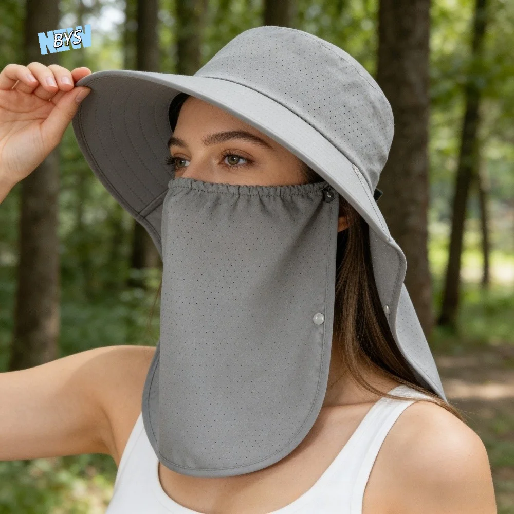 

Portable Wide-Brimmed Shawl Mask Hat Adjustable Solid Color Sunshade Sun Hat Polyester Thin Picking Tea Hat Summer