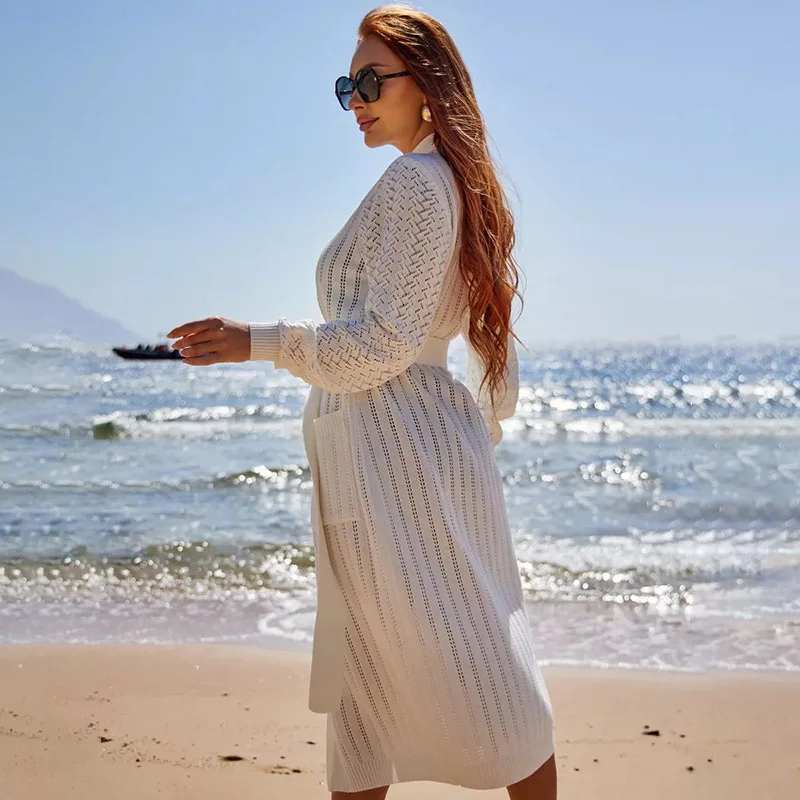 Women's Knitted Sweater Solid Color Hollow Long Sleeve Beach Swimsuit Sweater 2024 Autumn