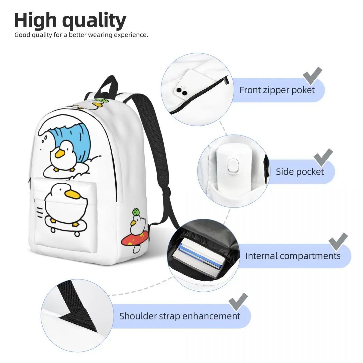 Pato e sapo escola mochila para homens e mulheres, kawaii, leve, bonito, cogumelo Daypack, elementar High College, estudante