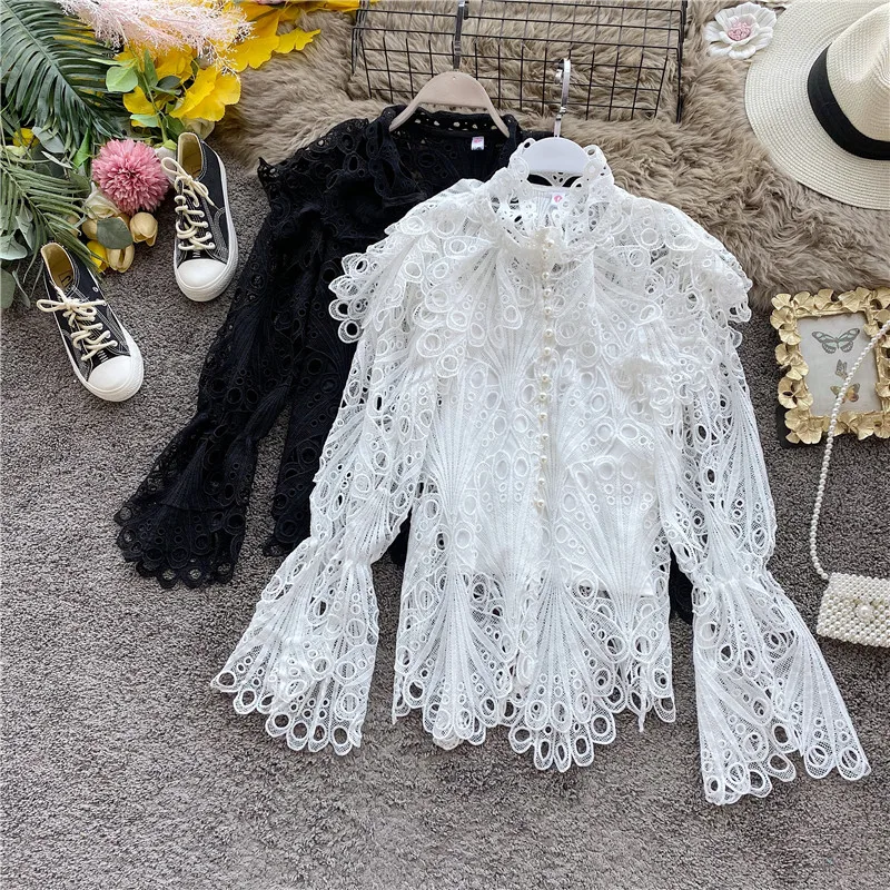 

Spring Autumn New French Elegant Lace Hollow Horn Sleeves Shirt with Ruffle Edge Loose and Fashion Long Sleeved Top