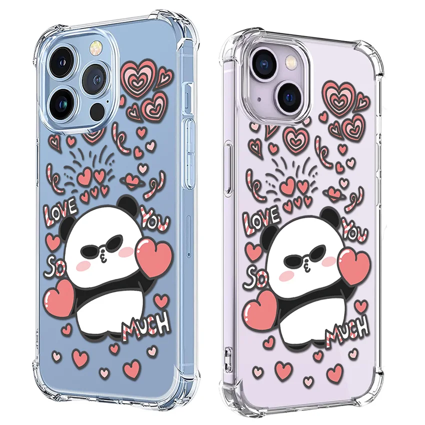 Cute Panda with Love Phone Case For iPhone 16 15 14 13 12 11 Pro X XS XR Max 7 8 Plus SE Mini Soft Clear TPU Shockproof Cover