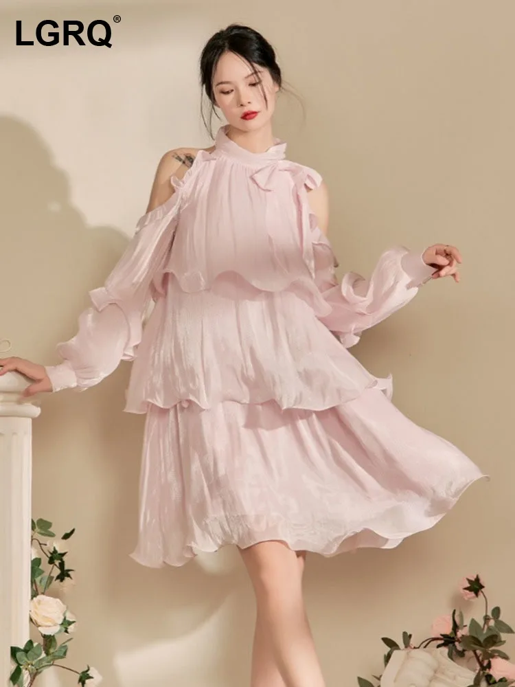 

LGRQ Women's Pink Elegant Dress Fashion Long Sleeve Round Neck Hollow Out Mid Length Dresses 2024 Summer New Clothes 19ZZ751