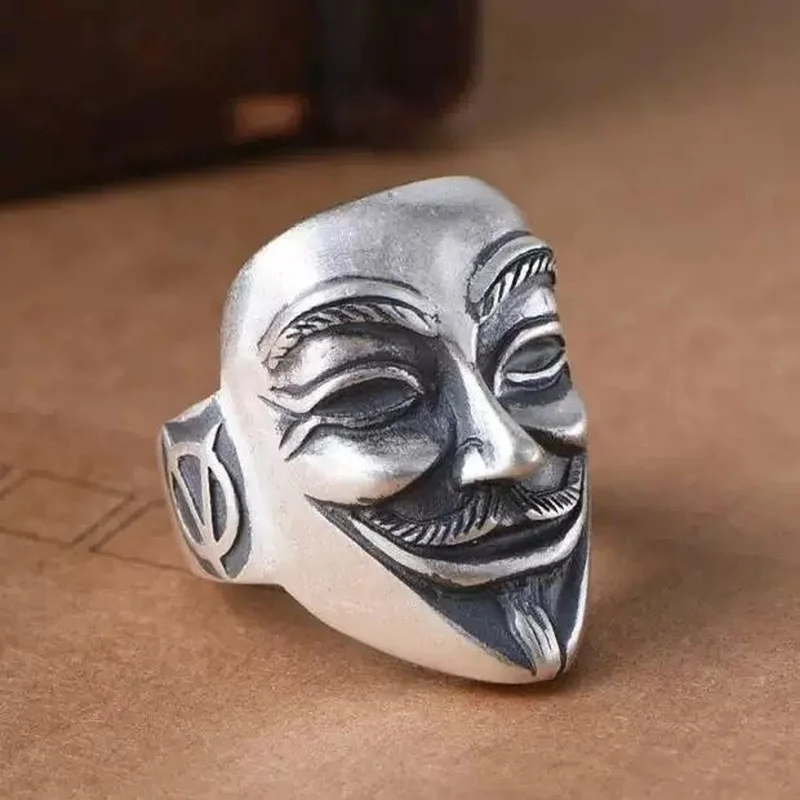 Ghost hand S925 pure silver Thai silver domineering full silver men\'s ring fashion frosted v-word revenge team mask opening ring