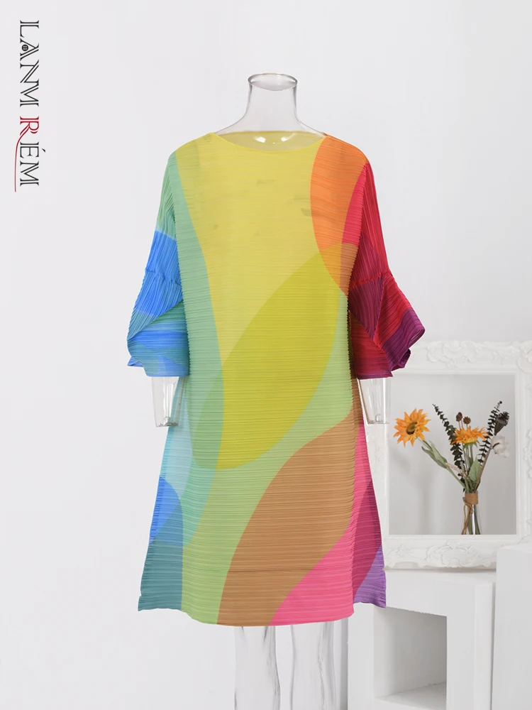 LANMREM-Robe plissée mi-longue imprimée colorée pour femmes, manches évasées, robes A-Line pour documents, printemps, nouveau, 2uto a3008, 2024