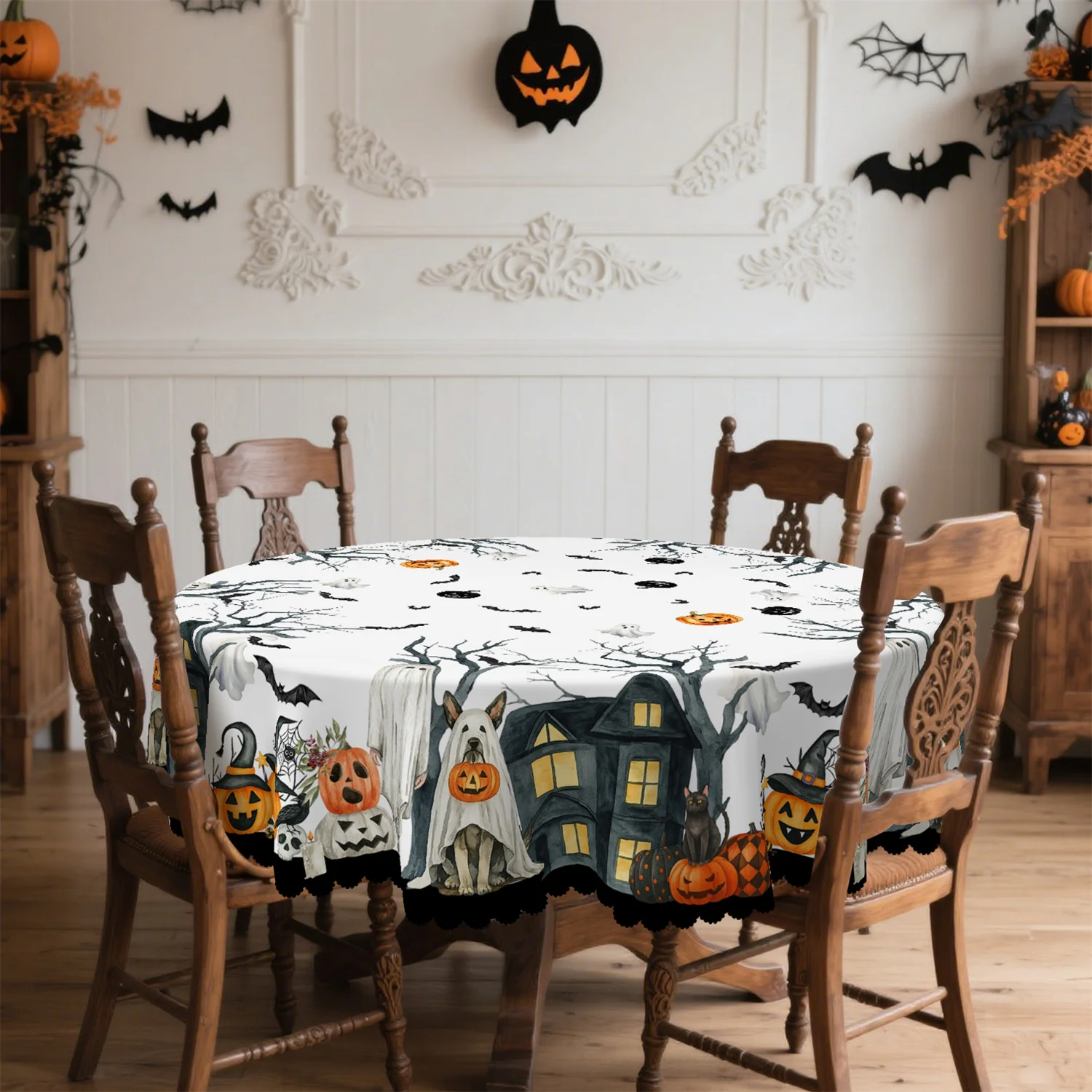 Pumpkin lantern, ghost, bat, wizard hat, castle, Halloween tablecloth - 1 pack, suitable for indoor usezyc