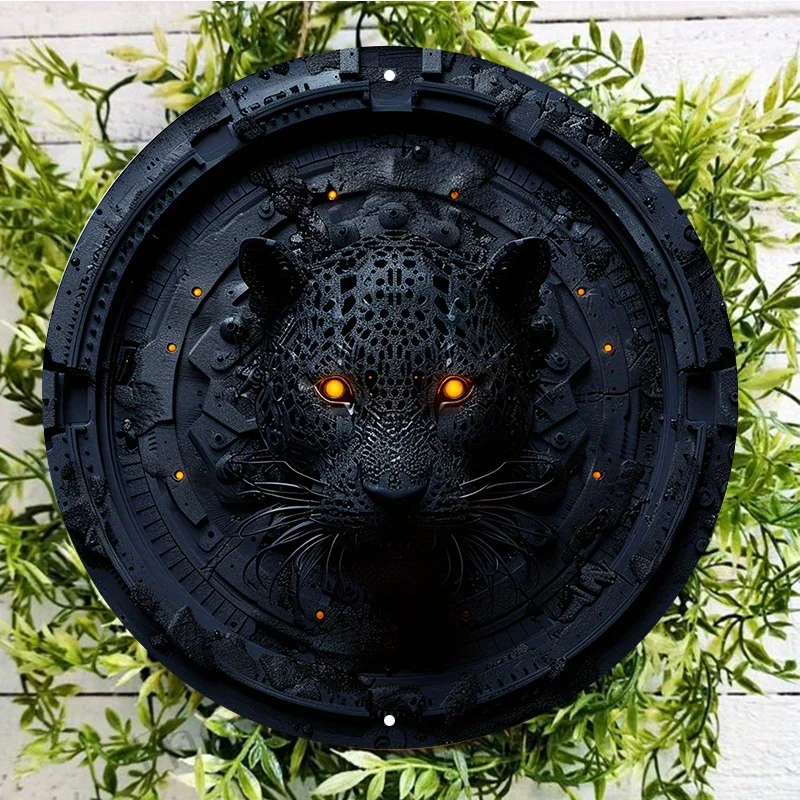 Black Panther Aluminum Metal Sign with Waterproof Weather-Resistant HD Printing, Round Door Hanger, Wall Decor for Home Utdoor