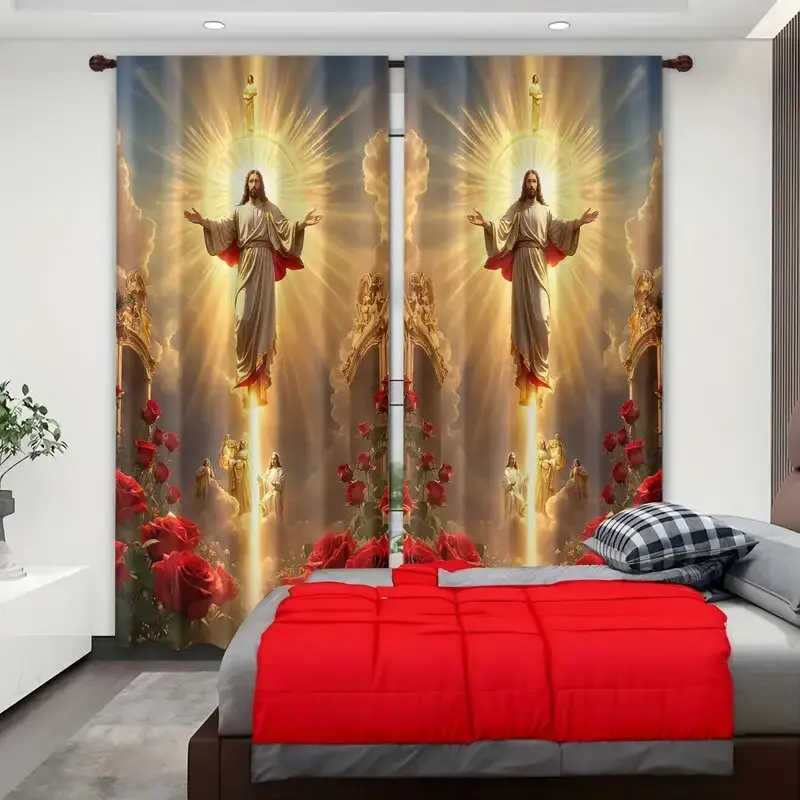 Christmas religious print curtains, pole bag curtains, bedroom and living room decoration, home decoration, Christmas decoration