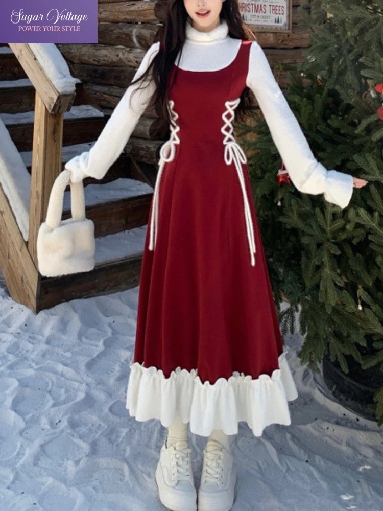 French Sweet Elegant Knit Dress Women Slim Long Sleeve Stretch Sweater Dress Autumn Winter Plus Size Chic Fashion Long Dress