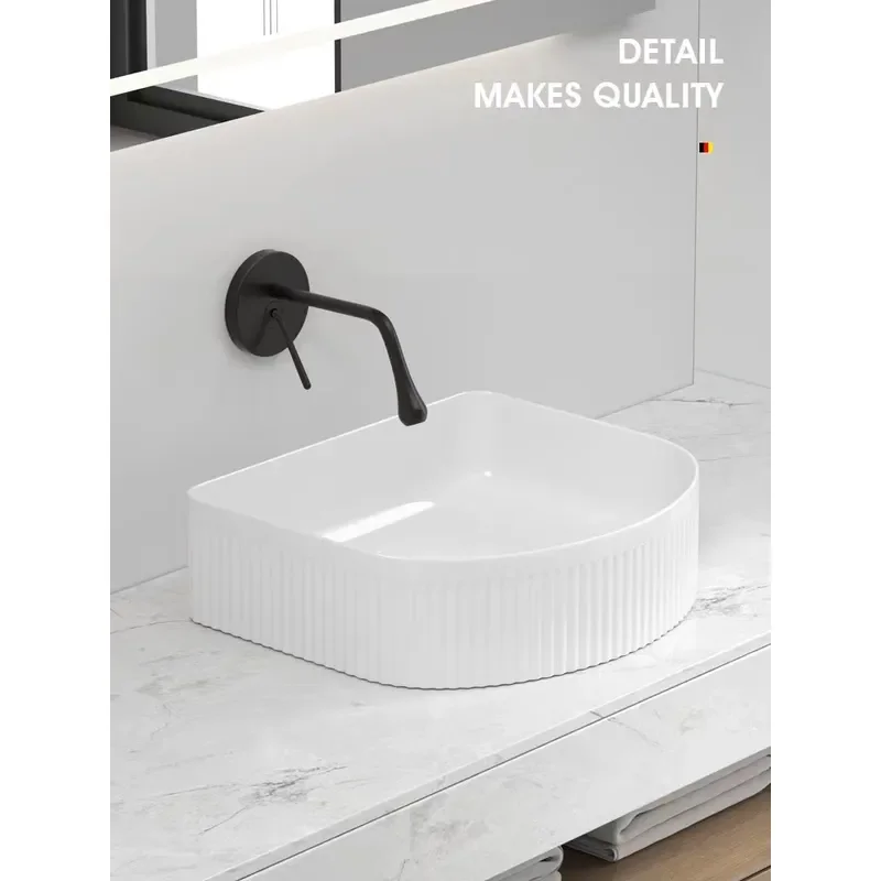 Round Ceramic Bathroom Sink with Vertical Wave Pattern Square Stripe Washbasin for Modern Vanity Countertop Installation
