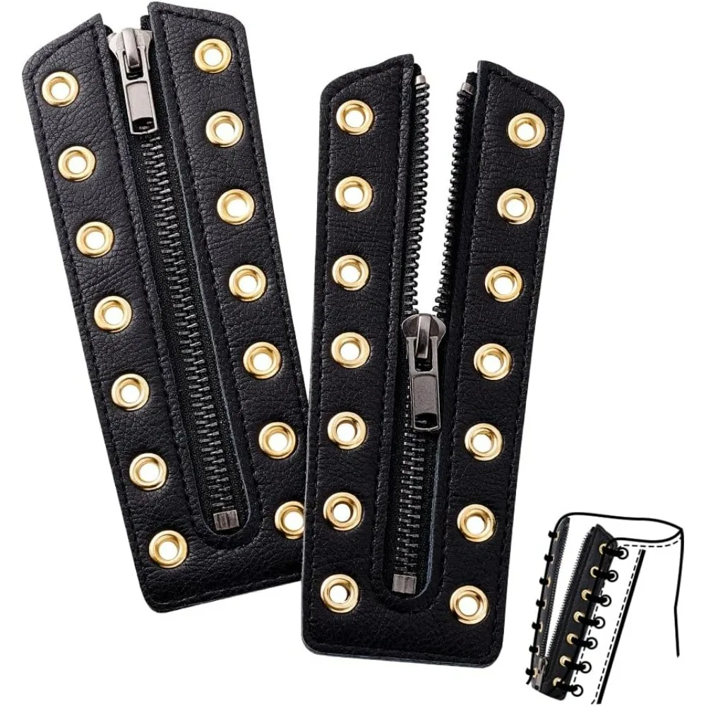

2 шт. кожаные вставки на молнии для ботинок, 6,3 x 2,2 дюйма, без завязок из воловьей кожи, шнурки для обуви, люверсы, шнурки для ботинок на молнии, черные, 7 отверстий