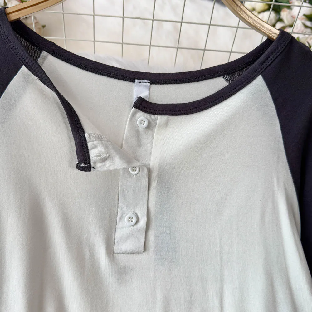 2025 Spring and Autumn New Korean Version Loose Button Round Neck Long Sleeve Shirt Women's Design Sense Color Matching Top