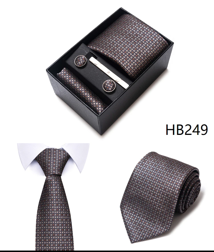 Hochwertige lila gestreifte Krawatte Taschentuch Manschettenknopf Set für Männer Krawatte Urlaub Geschenkbox Anzug Zubehör Hochzeit Gravats – Detail 27