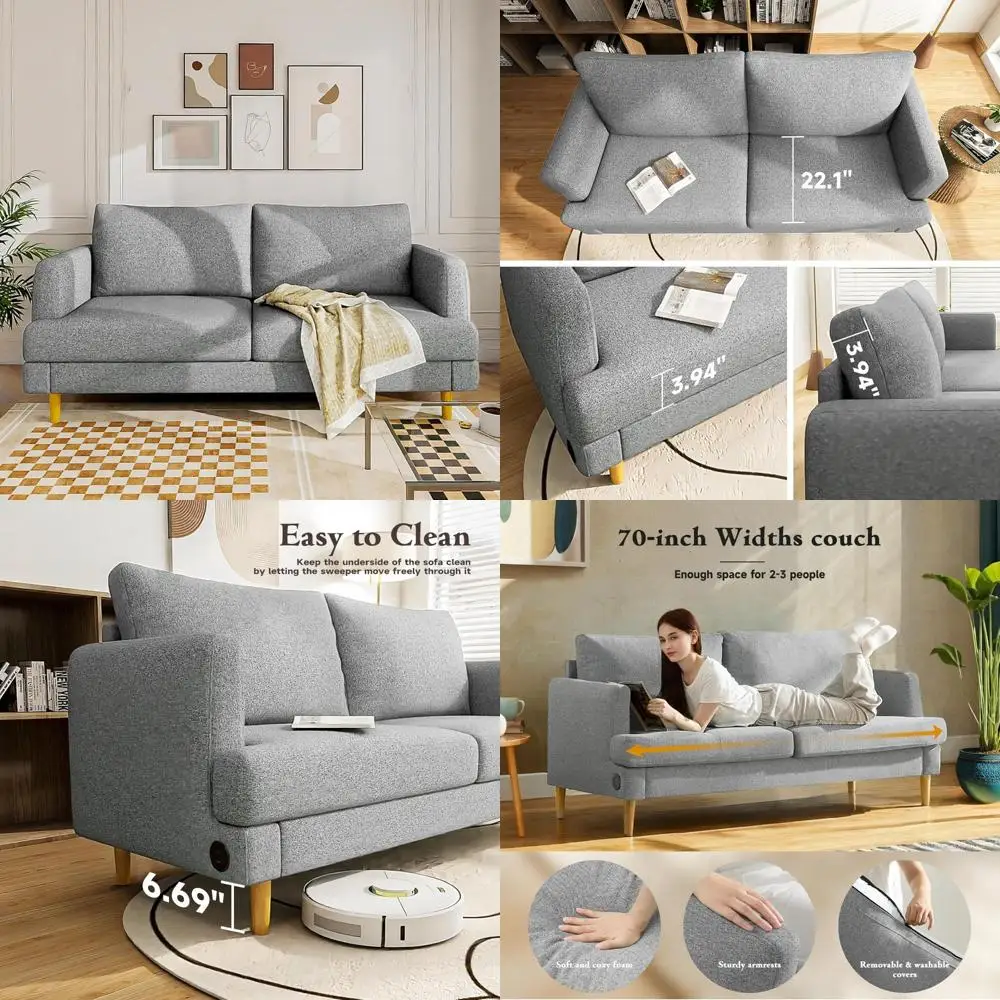 

light gray upholstered loveseat sofa with usb type c ports, 70" compact couch for living room, bedroom, office, or apartment