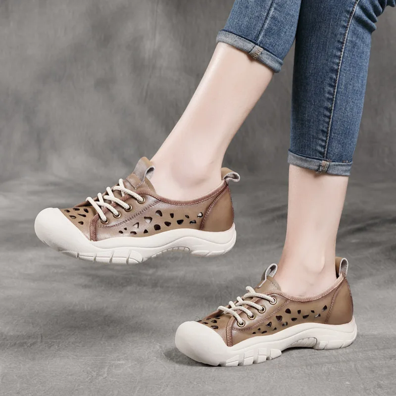 

Summer New Top Layer Cowhide Casual Retro Warped Head Hollow Pumps Perforated Flat