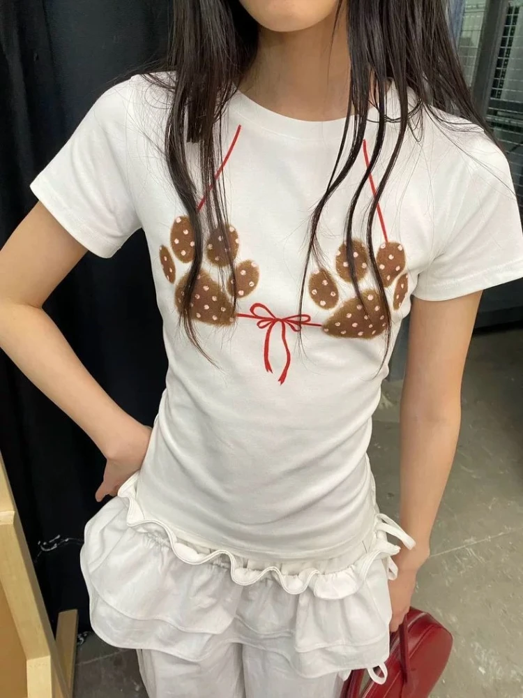 

HOUZHOU Vintage Kawaii Print T-shirt Women Harajuku Y2k Spicy Girl White T Shirt Korean Style Casual Short Sleeve Tees Slim Up
