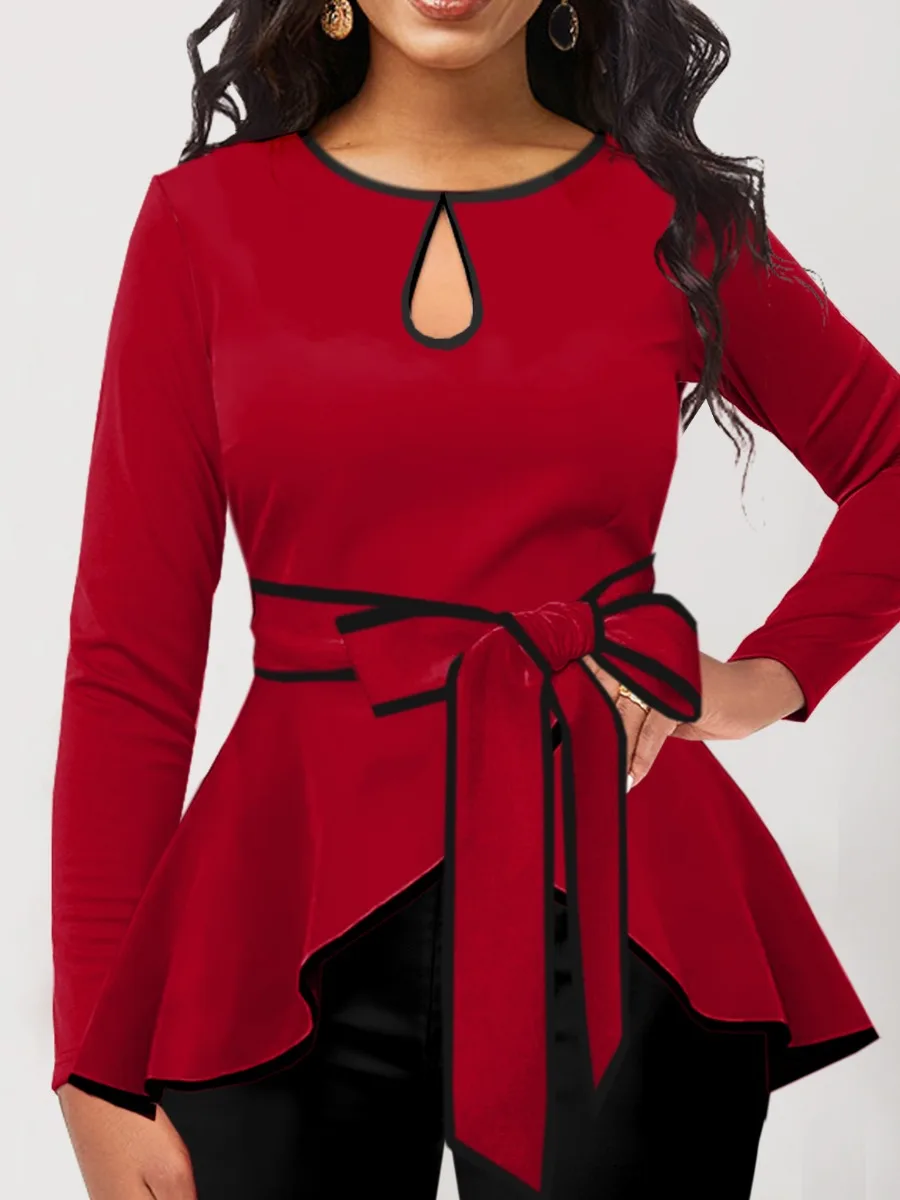 

LW Elegant Bandage Design Cut Out T-shirt Waist Bow Tie Long Sleeve Round Neck Red Tees Women's Business Casual Fall Tops