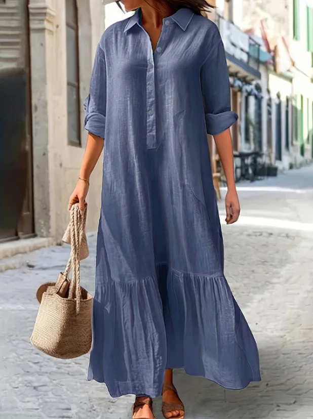 New Cotton Linen Long Irregular Office Ladies Elegant  Fashionable Solid Color Dress Shirt Collar Twist Button Casual Dress