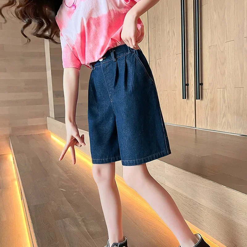 Summer Kids Denim Shorts for Girls New Arrival Casual Solid Color Children Knee Length Pants for 4 5 6 7 8 9 10 11 12 13 14 Year