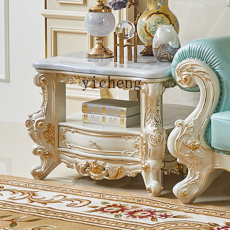

LX Living Room Solid Wood Carved Marble Corner Table Telephone Inlay Wood Surface Sofa