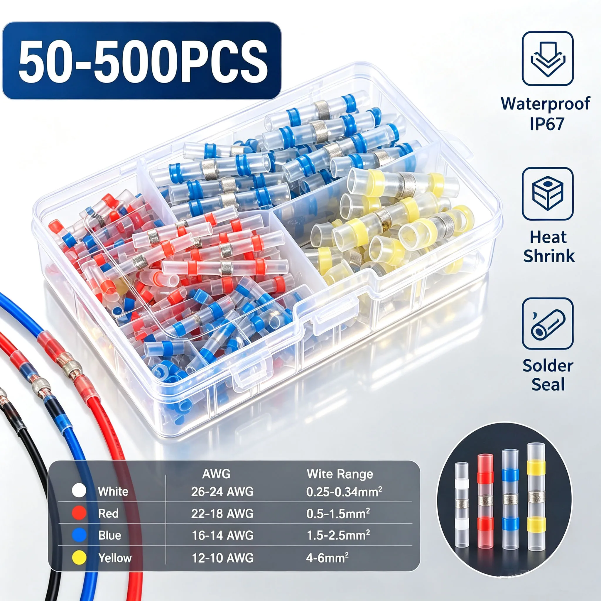 Waterproof Solder Seal Wire Connectors Kit Heat Shrink Butt Splice Terminals Solder Sleeves for Cable Repair 0.25-6mm2 Wiring