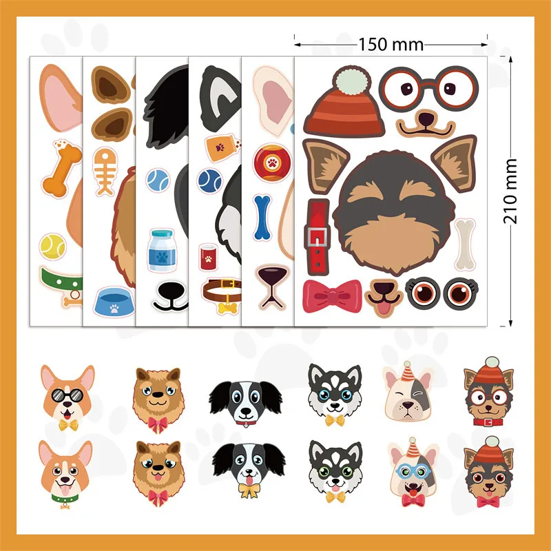 Funny Make A Dog Face Stickers for Kids 6/12/24 Sheets Cute Cartoon Create Your Own Pet Dog DIY Puzzle Stickers Children Gift