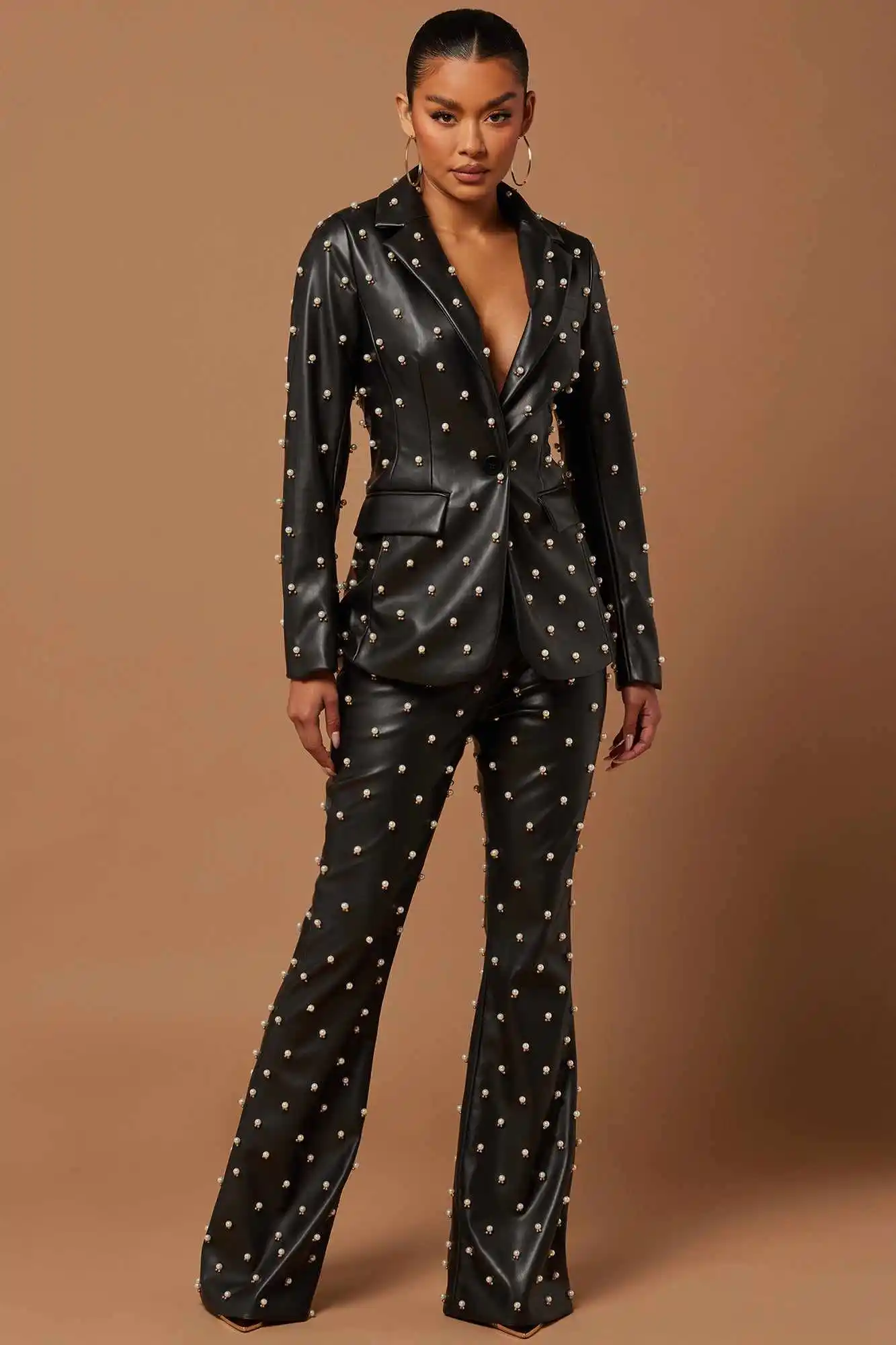 Luxury Leather Pearls Black Women Suit Pant 2-Pieces Blazer+Trousers Sexy V Neck Single Breasted Office Lady Jacket Custom Made