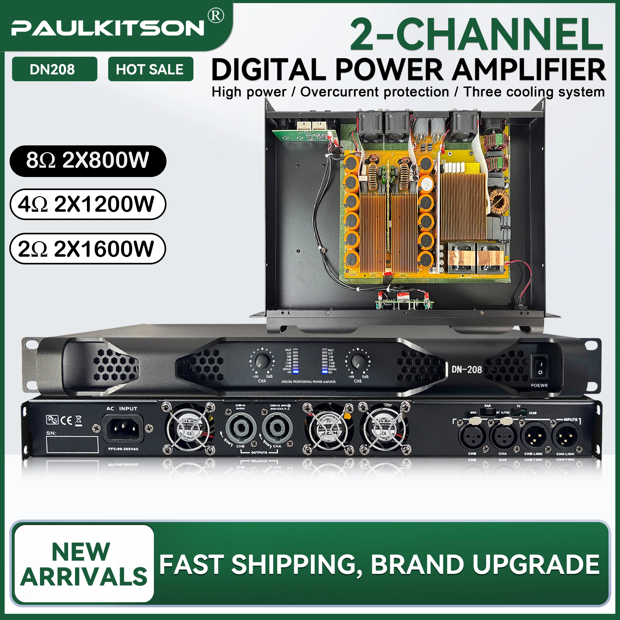 Paulkitson DN208 2-Kanal Professioneller Leistungsverstärker Klasse-D 2Ω 2×1600W Hochleistungsverstärker für Bühnenkonzerte und Live-Lautsprechersysteme