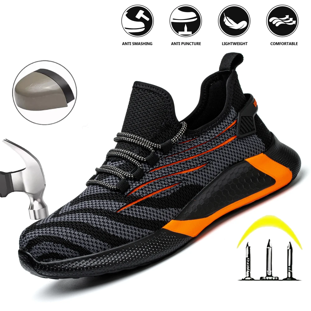 Men's safety shoes - Pressure-resistant steel toe puncture protection model - Lightweight breathable upper - Soft sole with blac